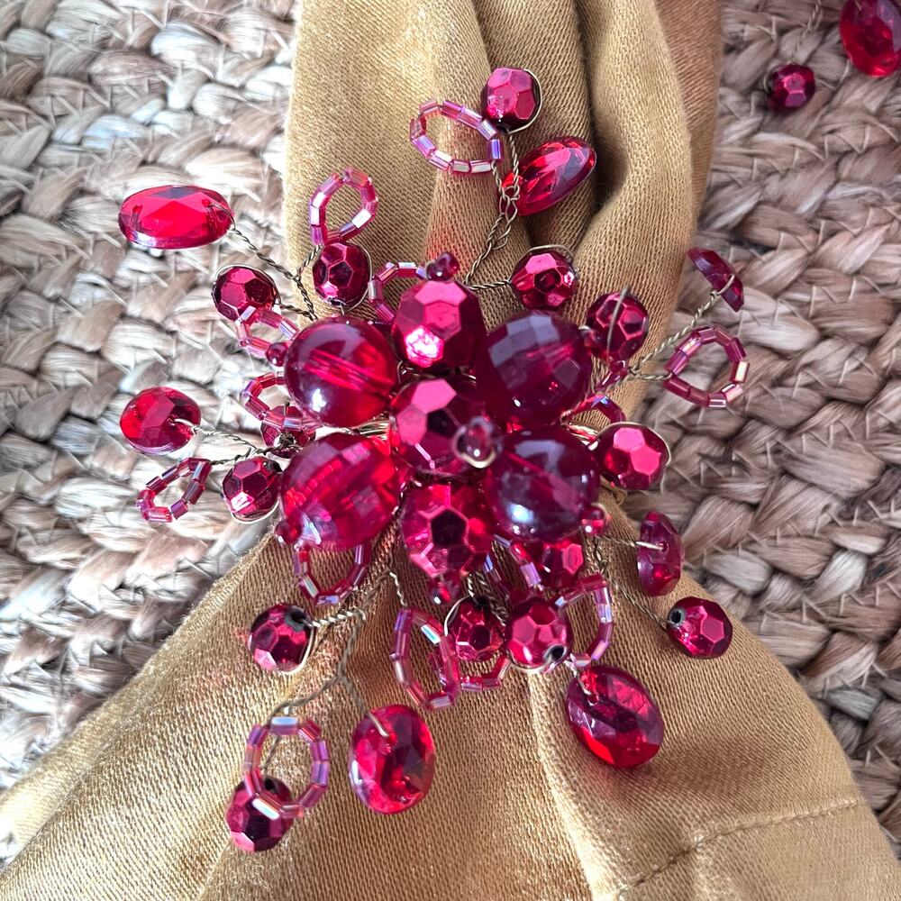 Set of 6 Red Jeweled Beaded Napkin Rings Burst Design Gold Ring Festive Party
